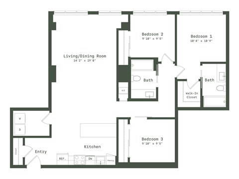 Floor plan for 3 beds, 2 baths, 1340 sqft